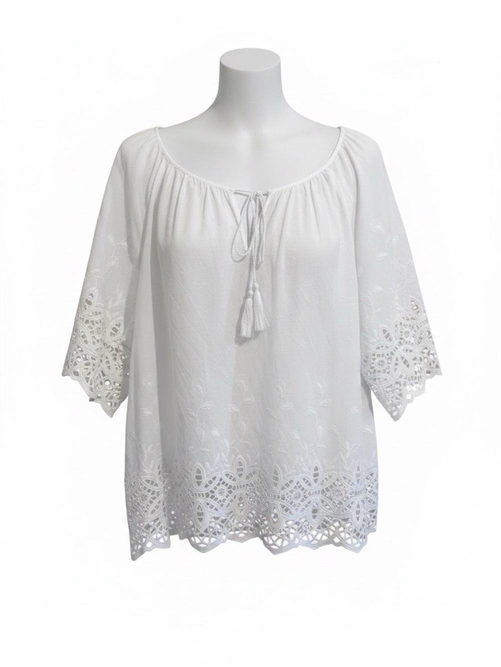 Vince Camuto White Embroidered Eyelet Peasant Blouse XL 100% Cotton Boho Top
